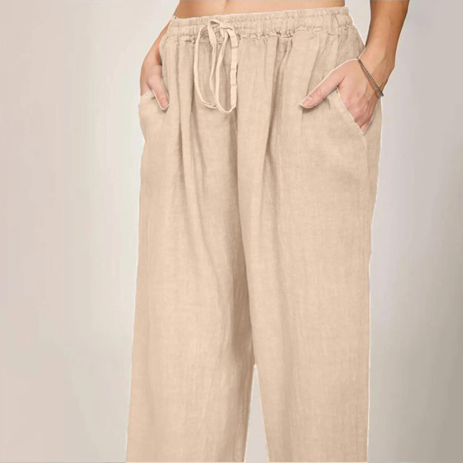 Women Summer High Waisted Linen Palazzo Pants Straight Leg Wide Leg Pant Drawstring Trousers with Pocket