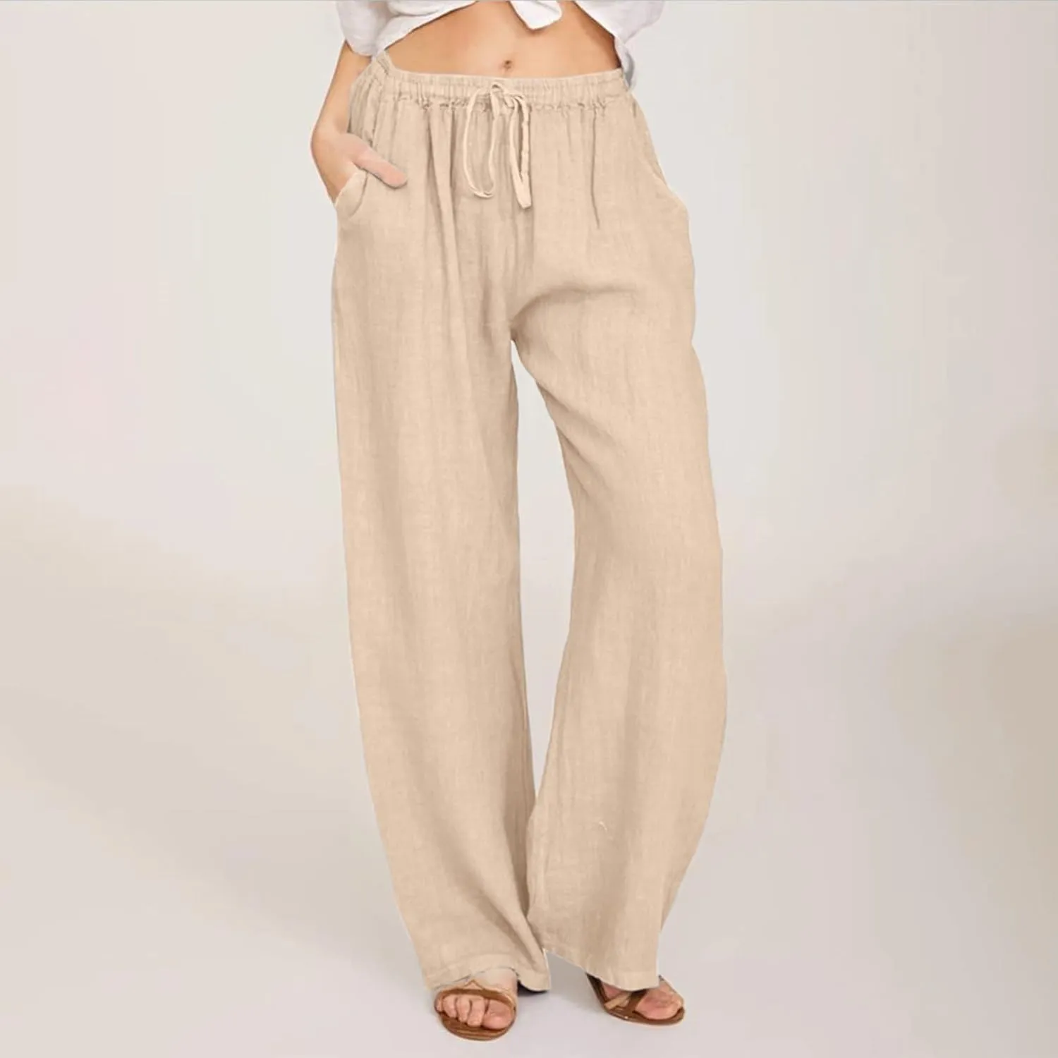 Women Summer High Waisted Linen Palazzo Pants Straight Leg Wide Leg Pant Drawstring Trousers with Pocket