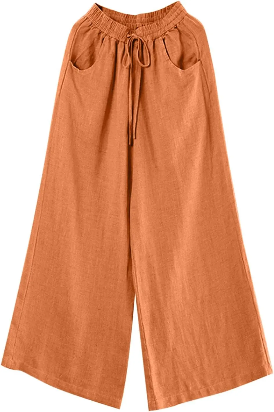 Women Summer Linen Cotton Pants Drawstring Elastic High Waist Palazzo Trousers Casual Baagy Solid Wide Leg Pant with Pocket