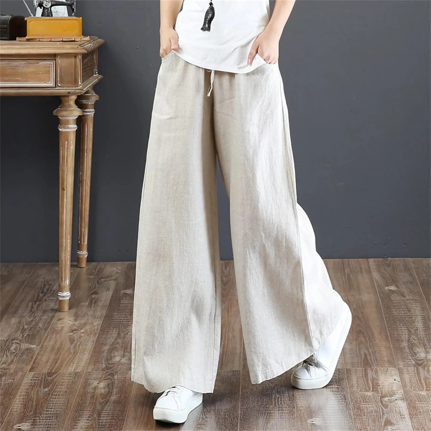 Women Summer Linen Cotton Pants Drawstring Elastic High Waist Palazzo Trousers Casual Baagy Solid Wide Leg Pant with Pocket