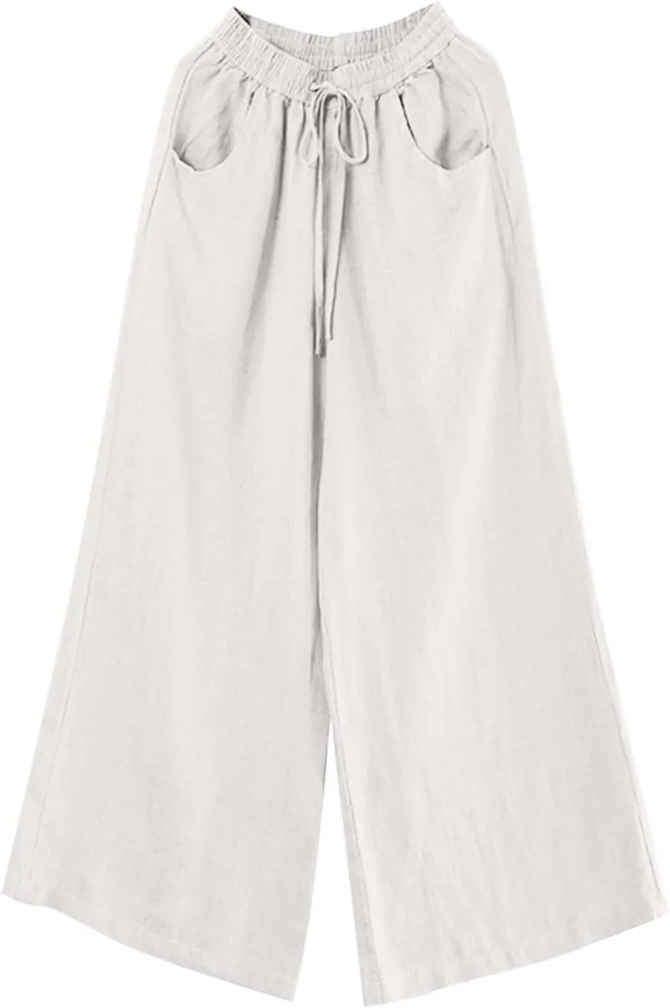 Women Summer Linen Cotton Pants Drawstring Elastic High Waist Palazzo Trousers Casual Baagy Solid Wide Leg Pant with Pocket