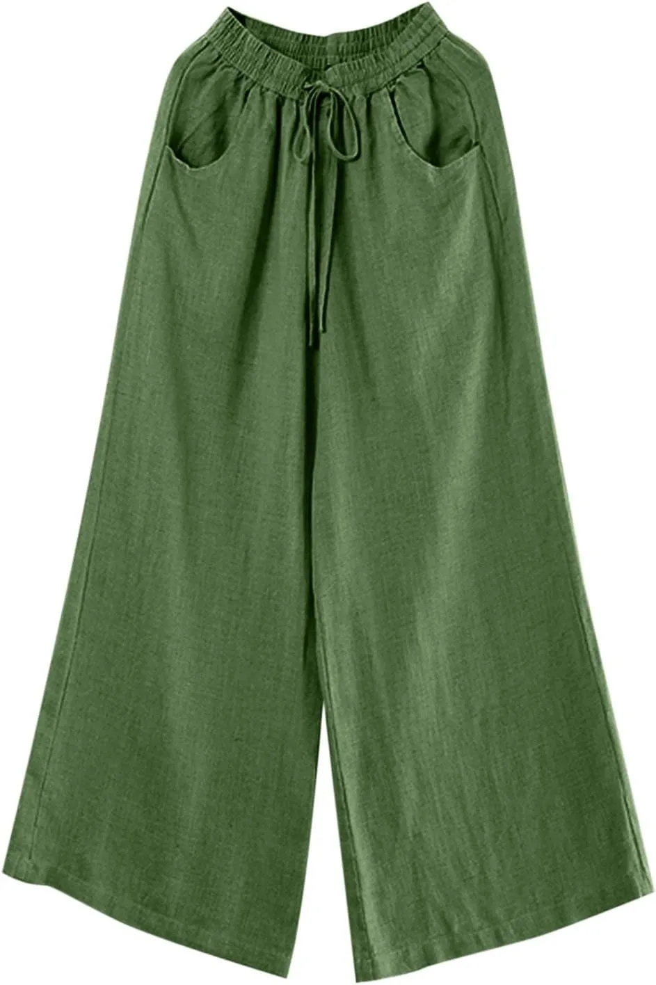 Women Summer Linen Cotton Pants Drawstring Elastic High Waist Palazzo Trousers Casual Baagy Solid Wide Leg Pant with Pocket