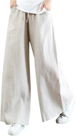 Women Summer Linen Cotton Pants Drawstring Elastic High Waist Palazzo Trousers Casual Baagy Solid Wide Leg Pant with Pocket