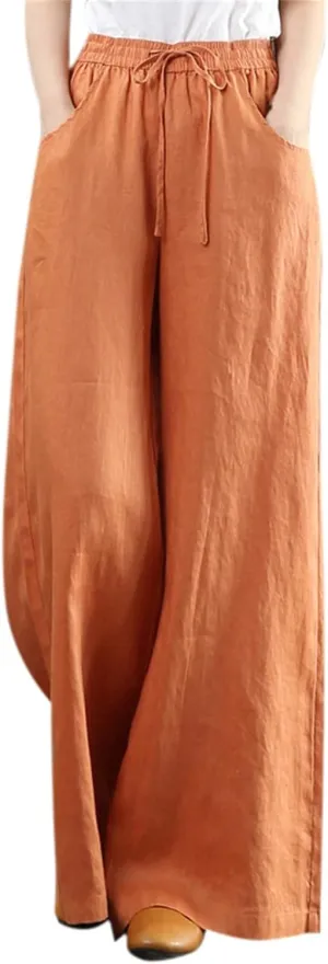 Women Summer Linen Cotton Pants Drawstring Elastic High Waist Palazzo Trousers Casual Baagy Solid Wide Leg Pant with Pocket