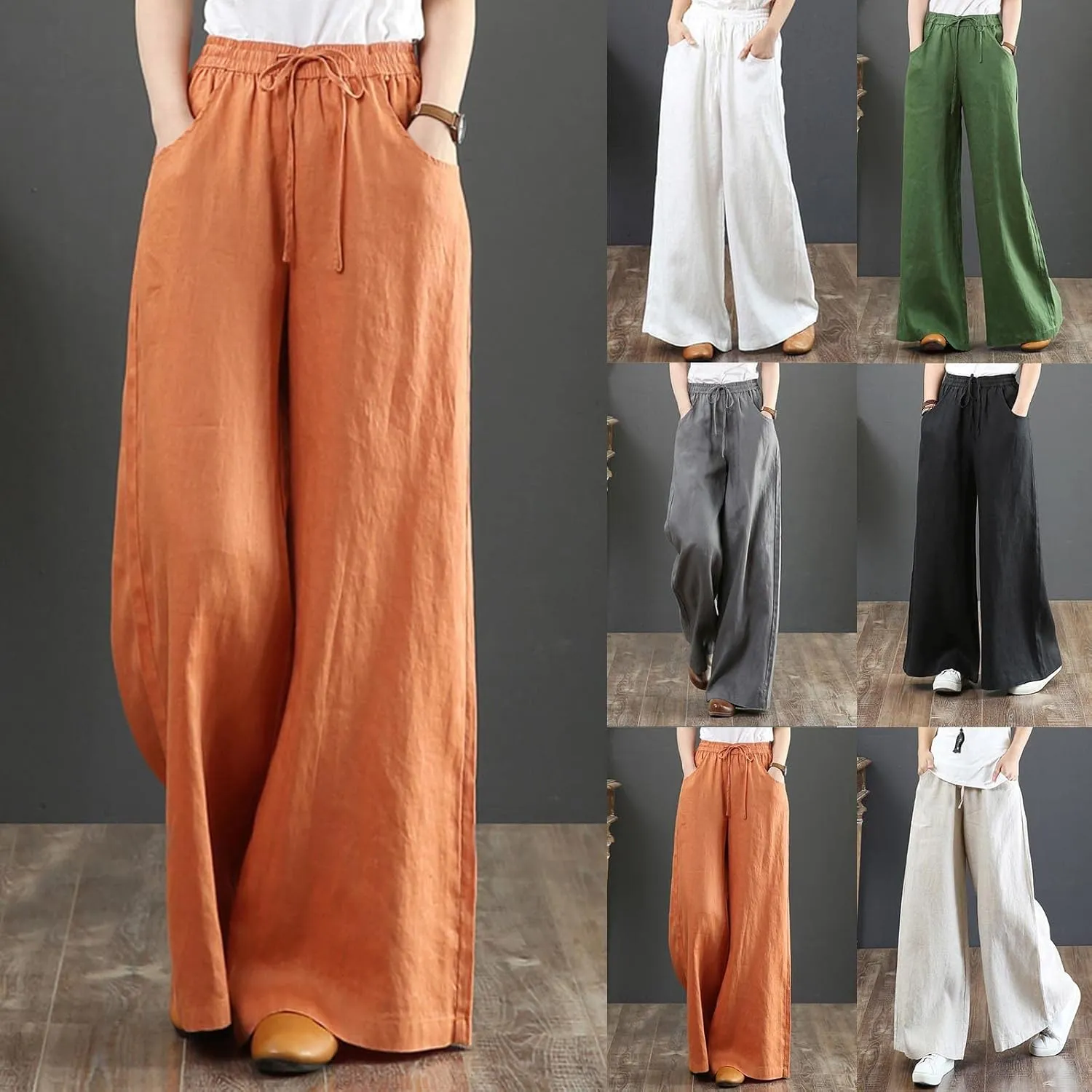 Women Summer Linen Cotton Pants Drawstring Elastic High Waist Palazzo Trousers Casual Baagy Solid Wide Leg Pant with Pocket