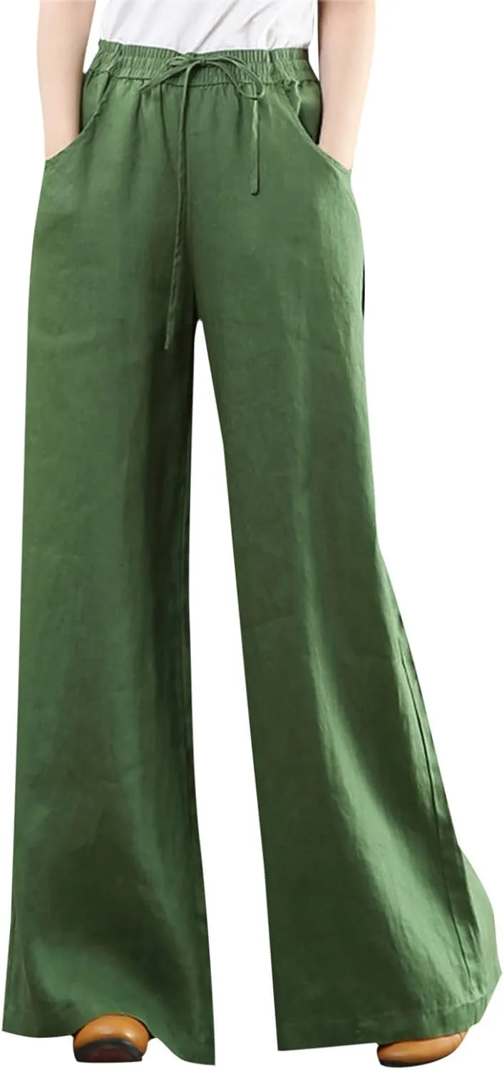 Women Summer Linen Cotton Pants Drawstring Elastic High Waist Palazzo Trousers Casual Baagy Solid Wide Leg Pant with Pocket