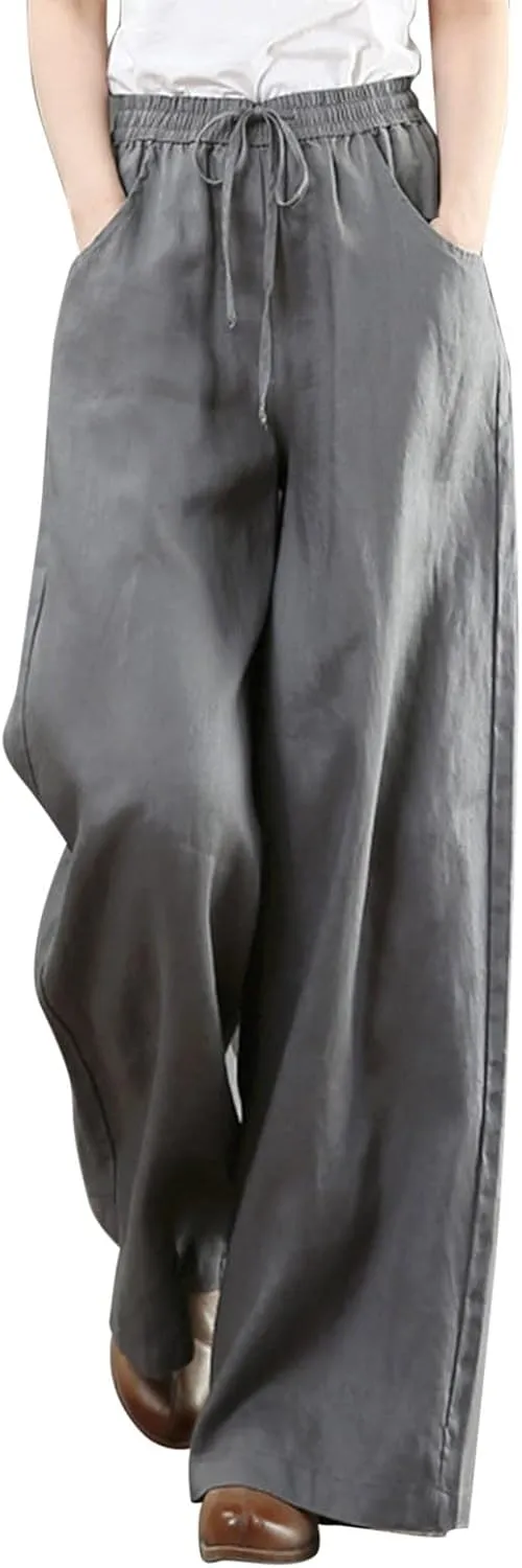 Women Summer Pants Elastic High Waisted Palazzo Trousers Linen Cotton Drawstring Casual Loose Wide Leg Pant with Pockets
