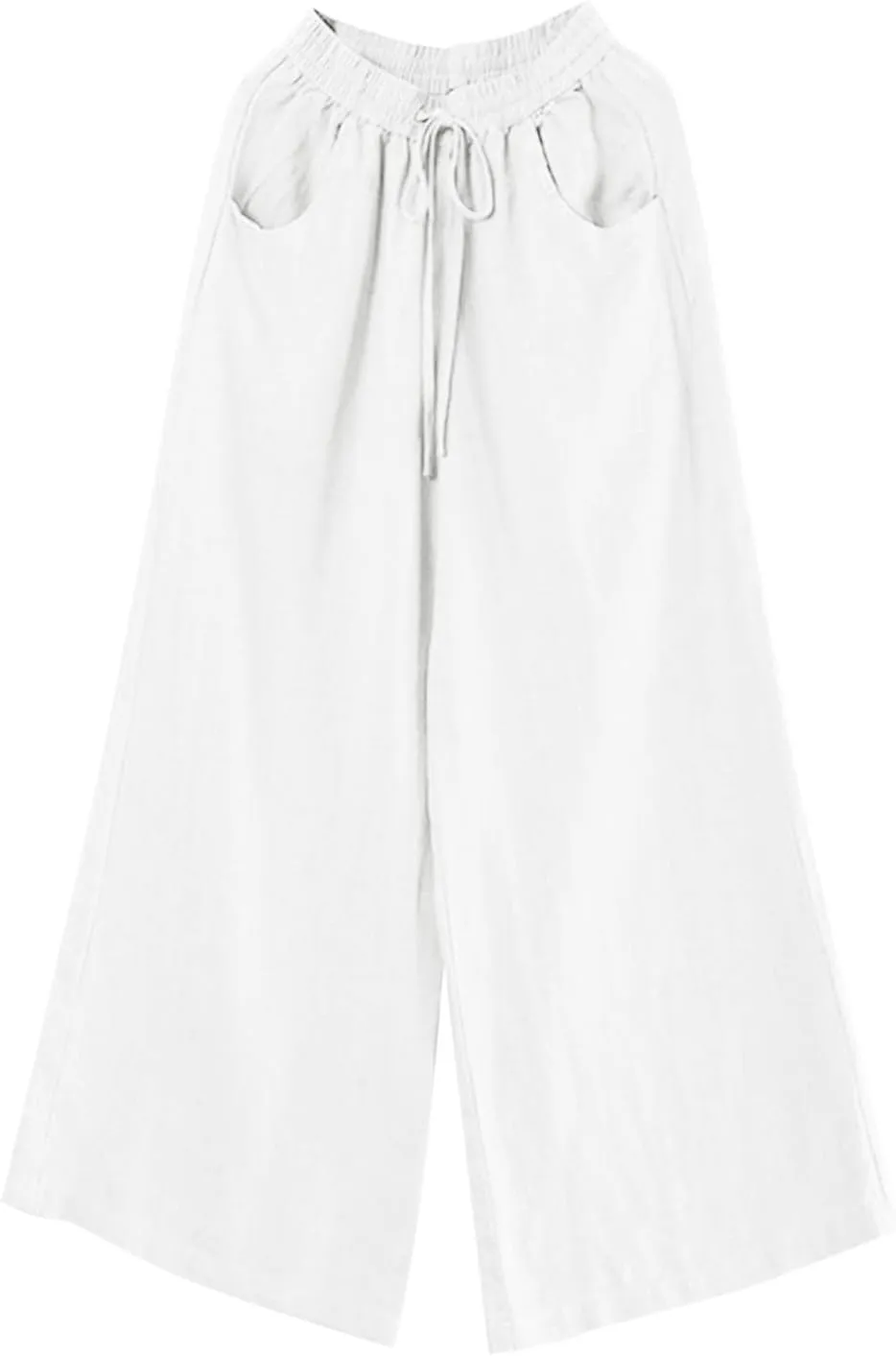 Women Summer Pants Elastic High Waisted Palazzo Trousers Linen Cotton Drawstring Casual Loose Wide Leg Pant with Pockets