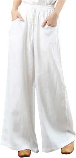 Women Summer Pants Elastic High Waisted Palazzo Trousers Linen Cotton Drawstring Casual Loose Wide Leg Pant with Pockets