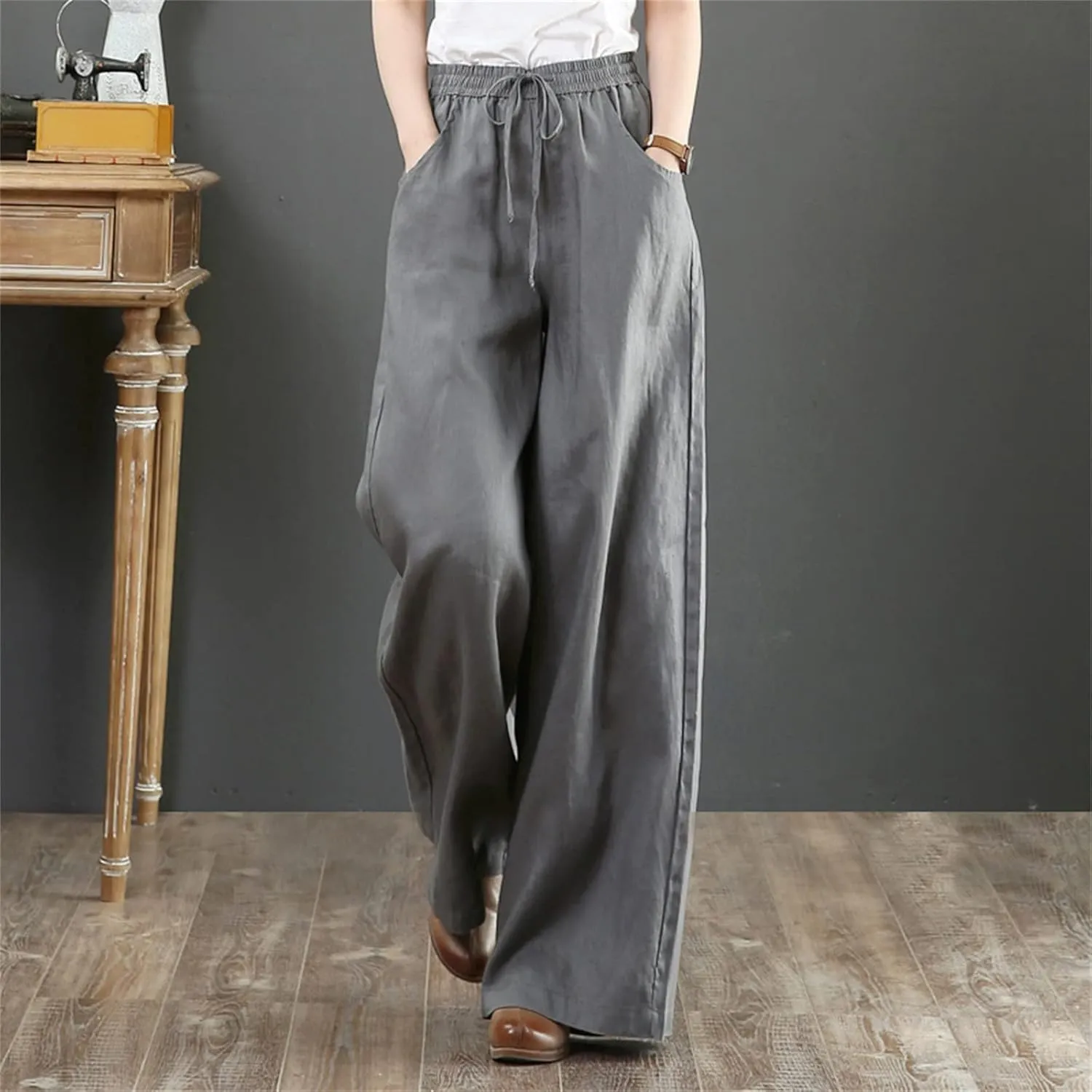 Women Summer Pants Elastic High Waisted Palazzo Trousers Linen Cotton Drawstring Casual Loose Wide Leg Pant with Pockets