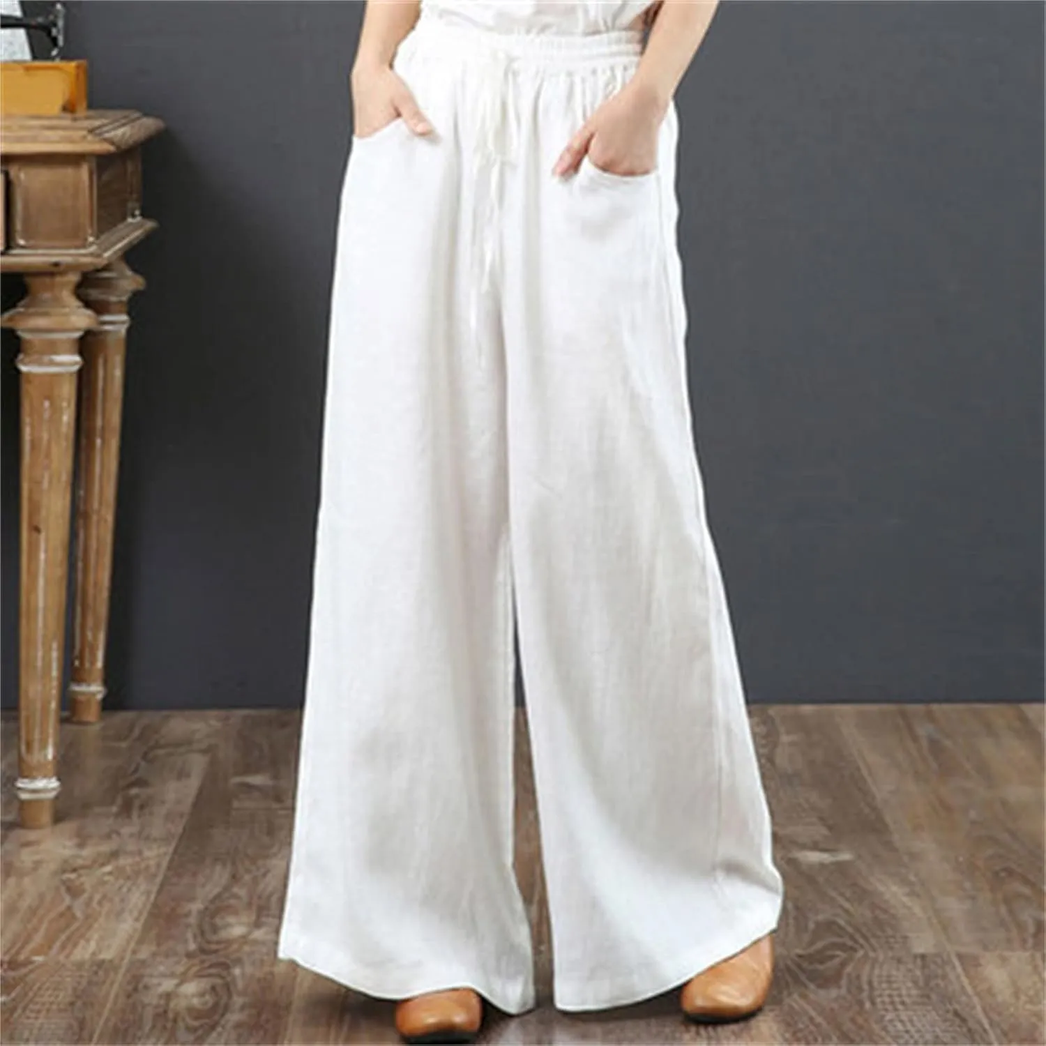 Women Summer Pants Elastic High Waisted Palazzo Trousers Linen Cotton Drawstring Casual Loose Wide Leg Pant with Pockets