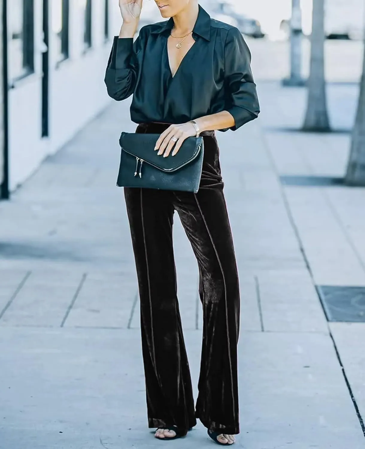 Women Velvet Flare Pants Elastic High Waist Side Zipper Bell Bottom Trousers