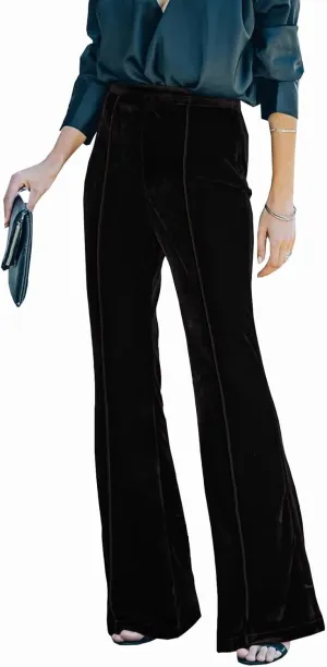 Women Velvet Flare Pants Elastic High Waist Side Zipper Bell Bottom Trousers