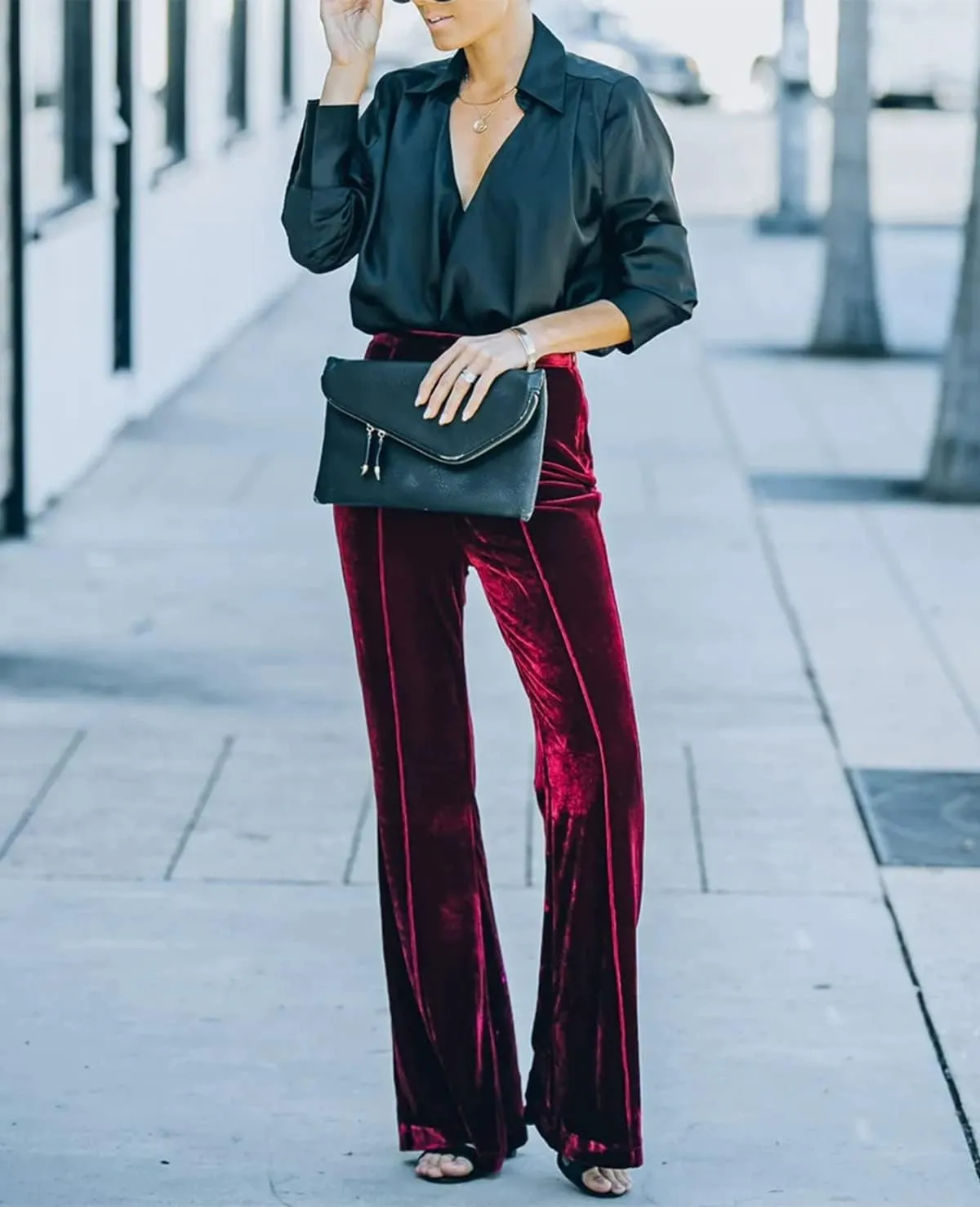 Women Velvet Flare Pants Elastic High Waist Side Zipper Bell Bottom Trousers