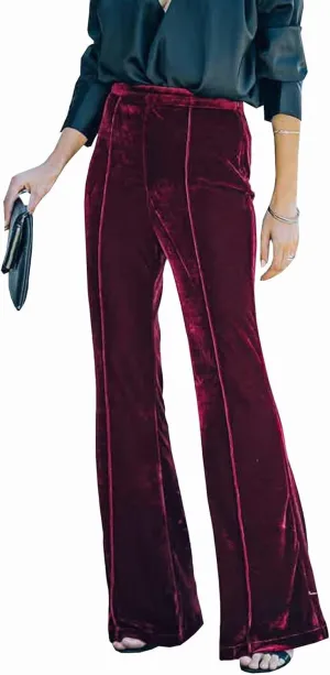 Women Velvet Flare Pants Elastic High Waist Side Zipper Bell Bottom Trousers