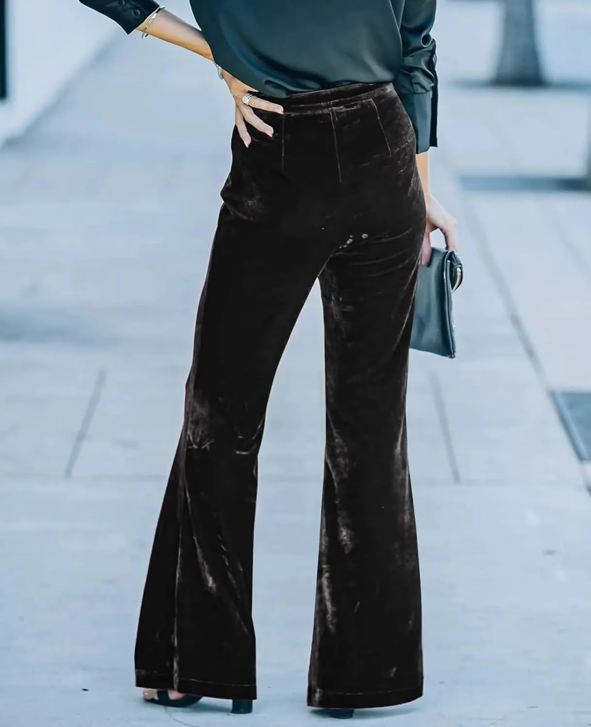 Women Velvet Flare Pants Elastic High Waist Side Zipper Bell Bottom Trousers