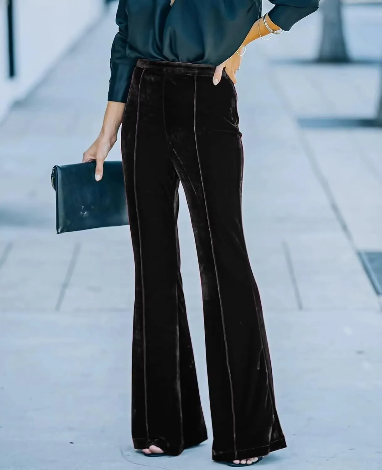 Women Velvet Flare Pants Elastic High Waist Side Zipper Bell Bottom Trousers