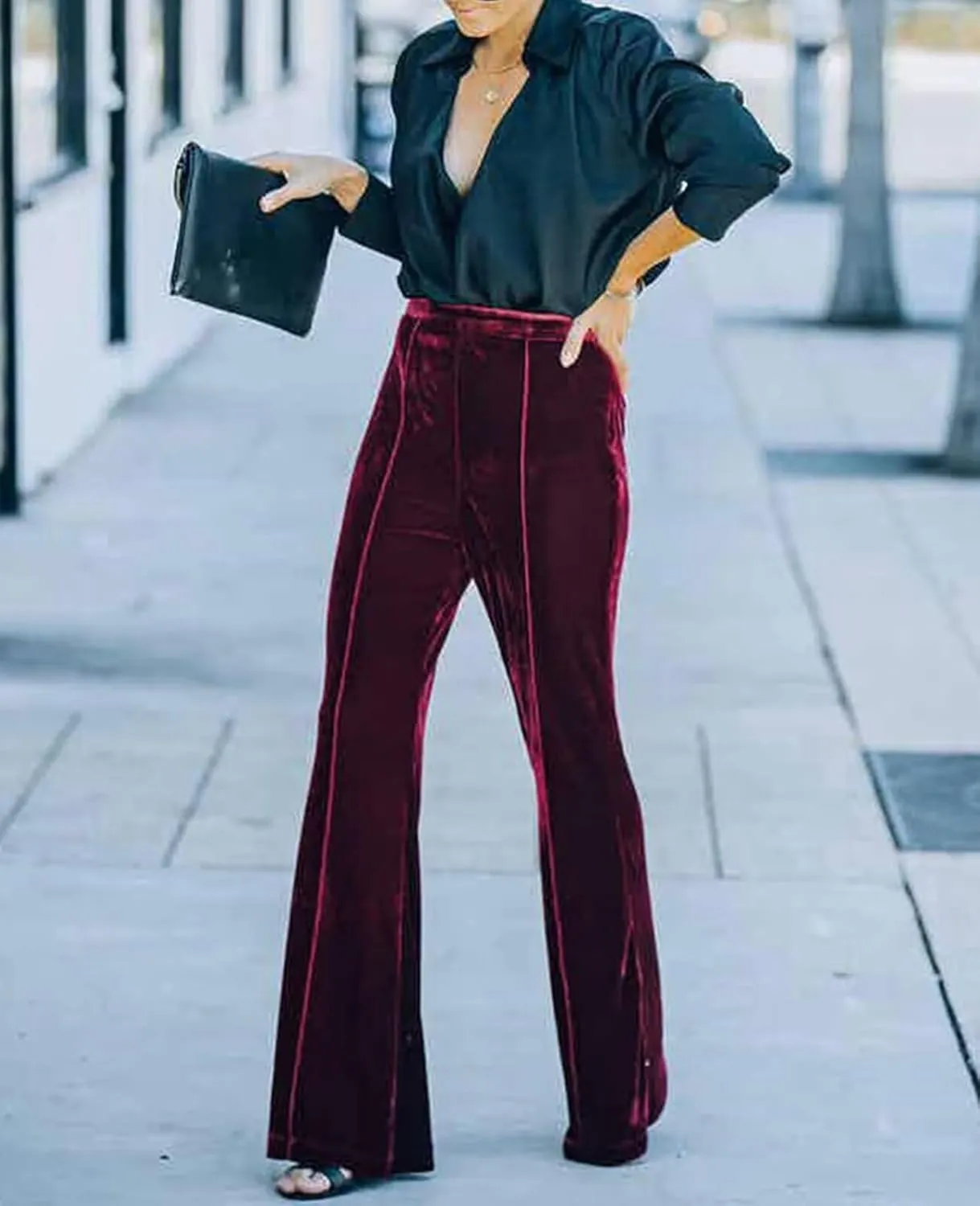 Women Velvet Flare Pants Elastic High Waist Side Zipper Bell Bottom Trousers