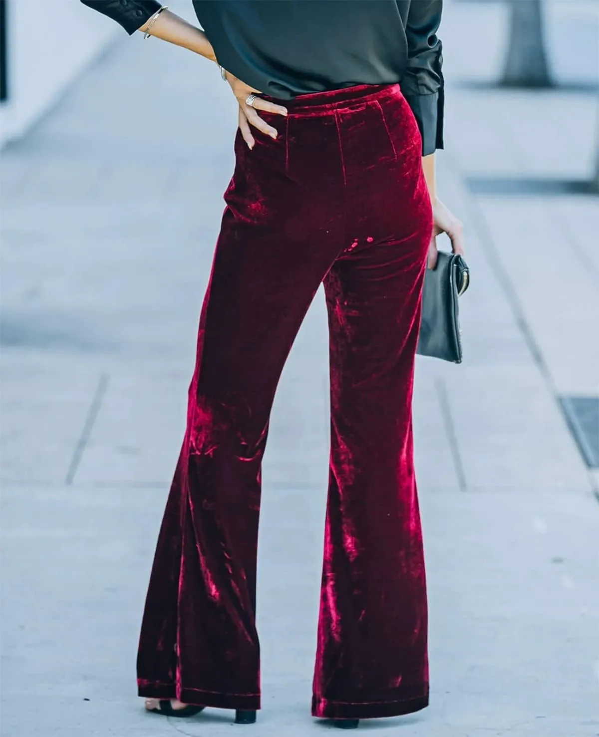 Women Velvet Flare Pants Elastic High Waist Side Zipper Bell Bottom Trousers