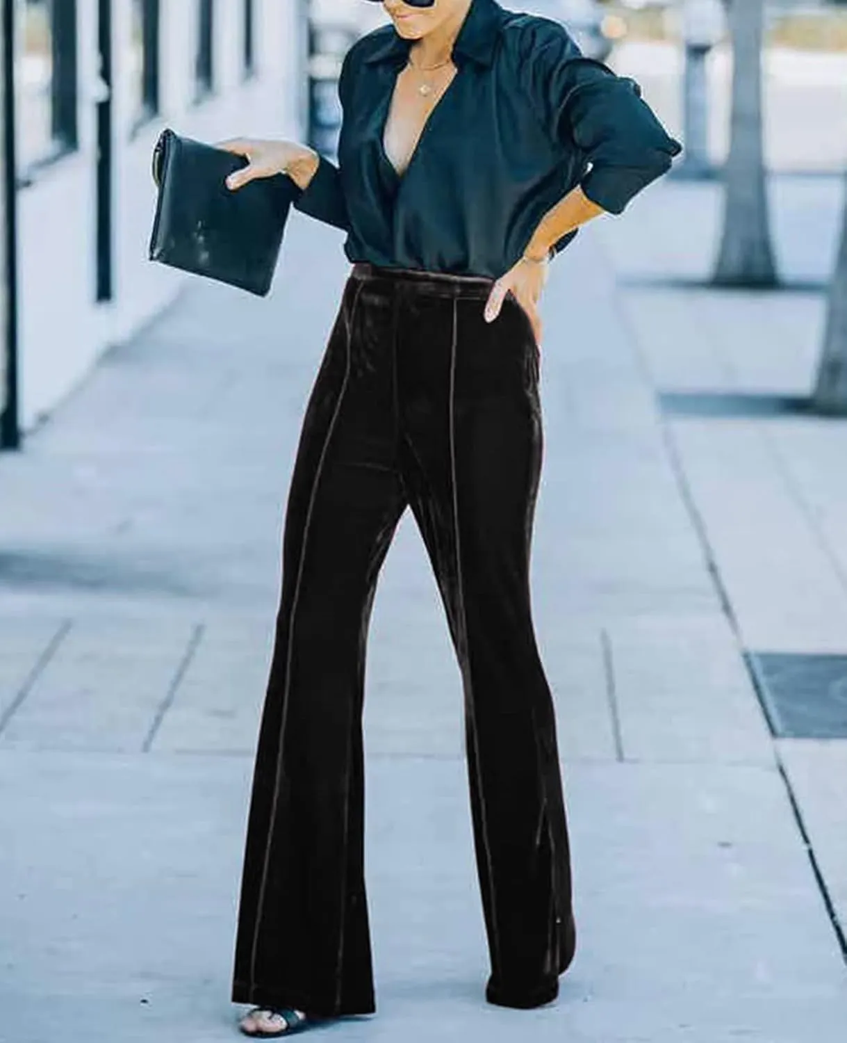 Women Velvet Flare Pants Elastic High Waist Side Zipper Bell Bottom Trousers