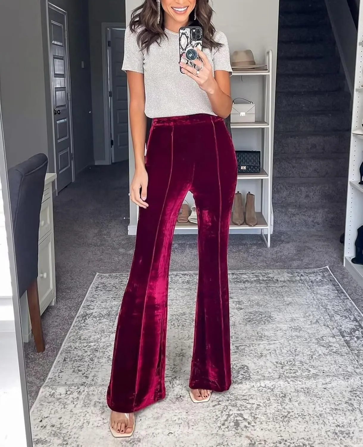Women Velvet Flare Pants Elastic High Waist Side Zipper Bell Bottom Trousers