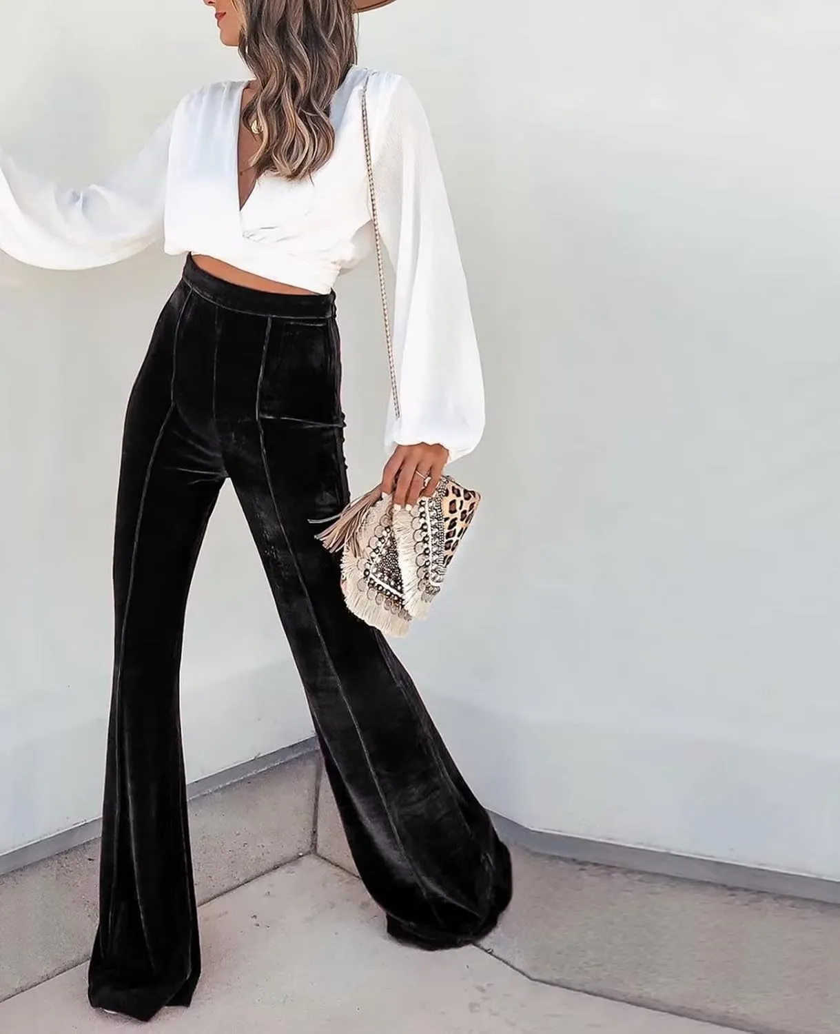 Women Velvet Flare Pants Elastic High Waist Side Zipper Bell Bottom Trousers