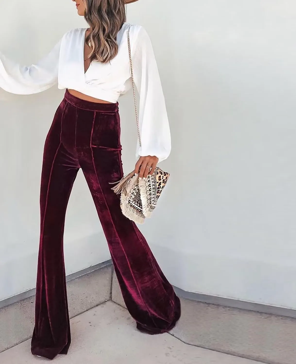 Women Velvet Flare Pants Elastic High Waist Side Zipper Bell Bottom Trousers