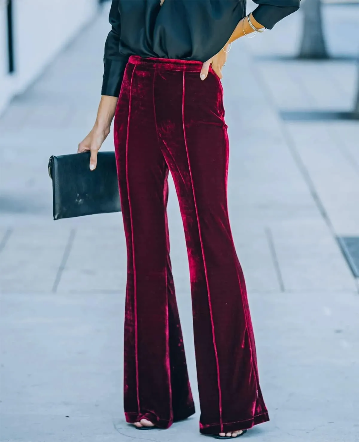 Women Velvet Flare Pants Elastic High Waist Side Zipper Bell Bottom Trousers