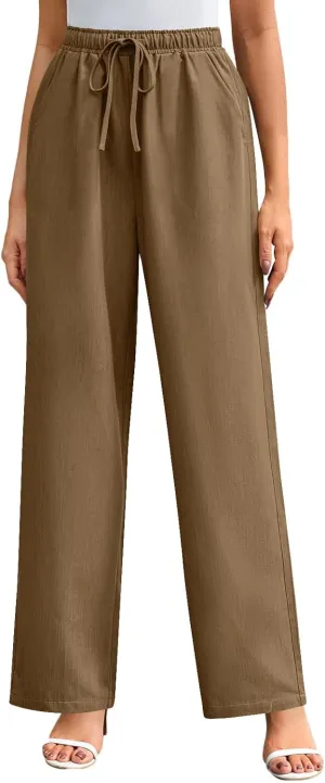 Women Wide Leg Casual Pants Cotton Linen Summer Lightweight Drawstring Elastic Waist Lounge Beach Palazzo with Pockets