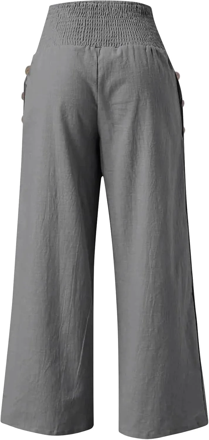 Women Wide Leg Cotton Linen Pants,Summer Boho Beach Yoga Palazzo Pant High Waist Loose Lounge Trousers with Pockets