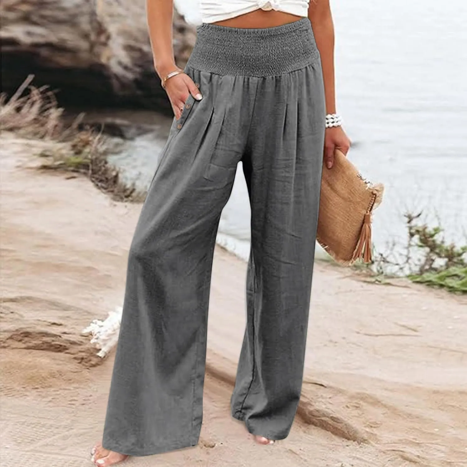 Women Wide Leg Cotton Linen Pants,Summer Boho Beach Yoga Palazzo Pant High Waist Loose Lounge Trousers with Pockets
