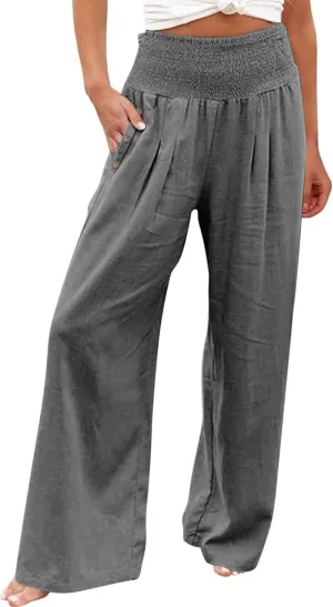 Women Wide Leg Cotton Linen Pants,Summer Boho Beach Yoga Palazzo Pant High Waist Loose Lounge Trousers with Pockets