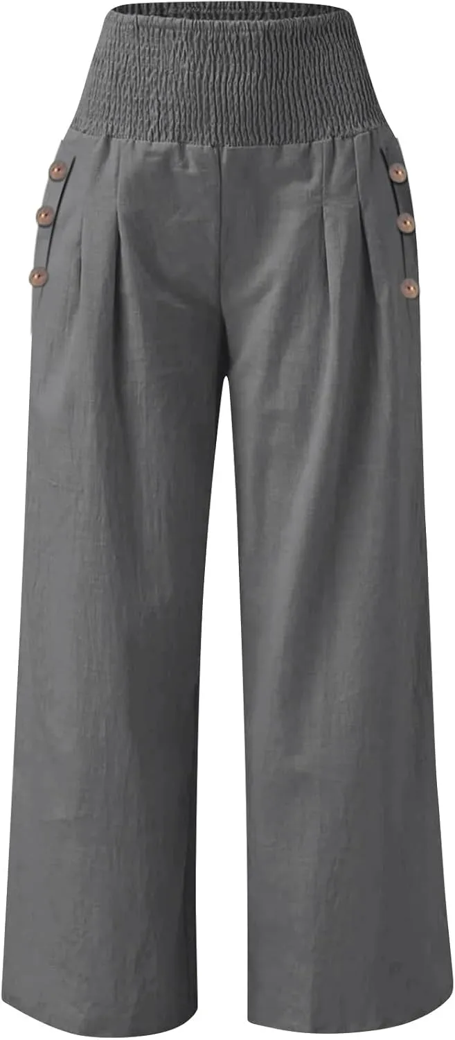 Women Wide Leg Cotton Linen Pants,Summer Boho Beach Yoga Palazzo Pant High Waist Loose Lounge Trousers with Pockets