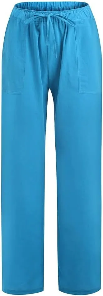 Women's 2024 Summer Pants Linen Cotton Breathable Casual Trousers Straight Wide Leg Drawstring Elastic Waist Palazzo Pants