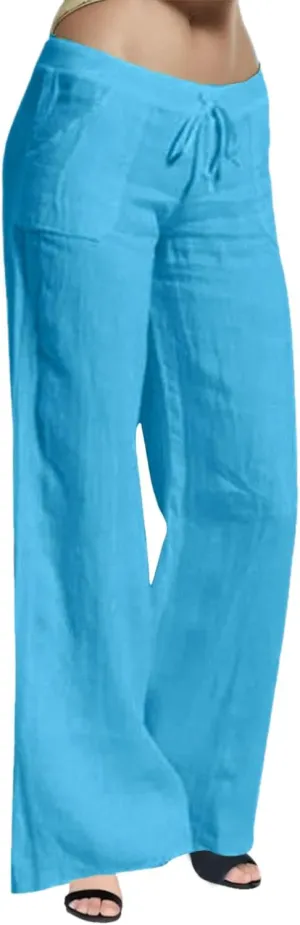 Women's 2024 Summer Pants Linen Cotton Breathable Casual Trousers Straight Wide Leg Drawstring Elastic Waist Palazzo Pants