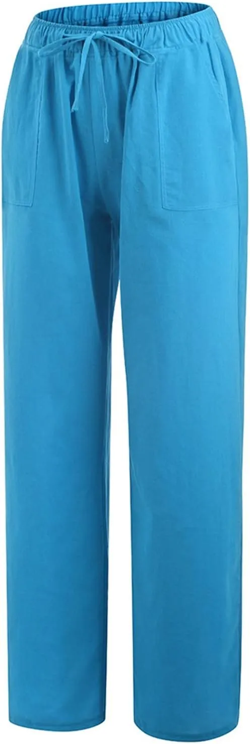 Women's 2024 Summer Pants Linen Cotton Breathable Casual Trousers Straight Wide Leg Drawstring Elastic Waist Palazzo Pants