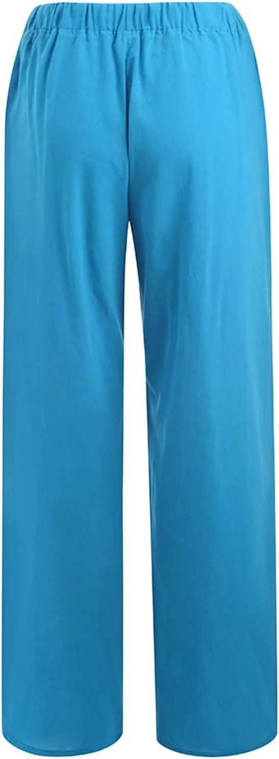 Women's 2024 Summer Pants Linen Cotton Breathable Casual Trousers Straight Wide Leg Drawstring Elastic Waist Palazzo Pants