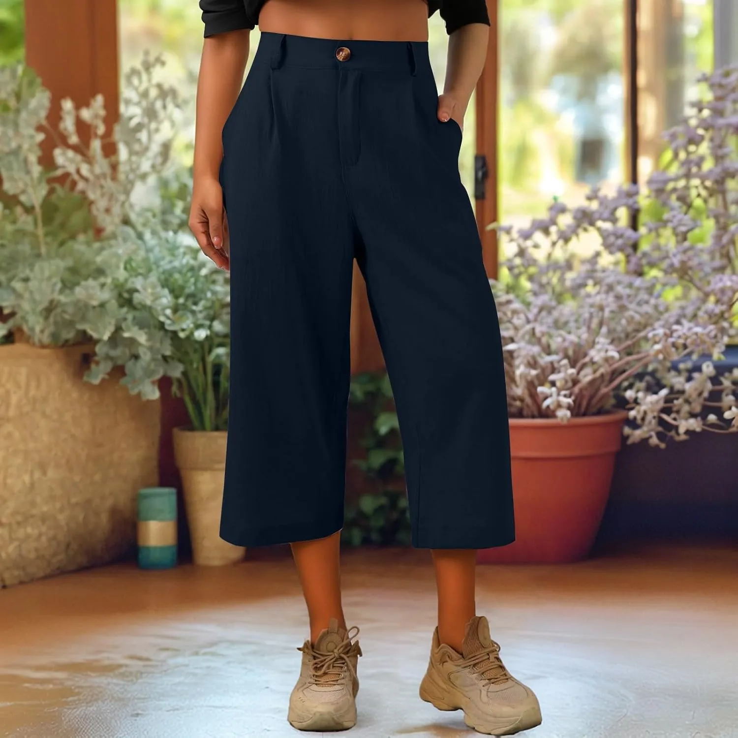 Womens Capri Pants Casual Summer Loose Fit Wide Leg Linen Pants Trendy Button Down Waist Cropped Trouser with Pockets