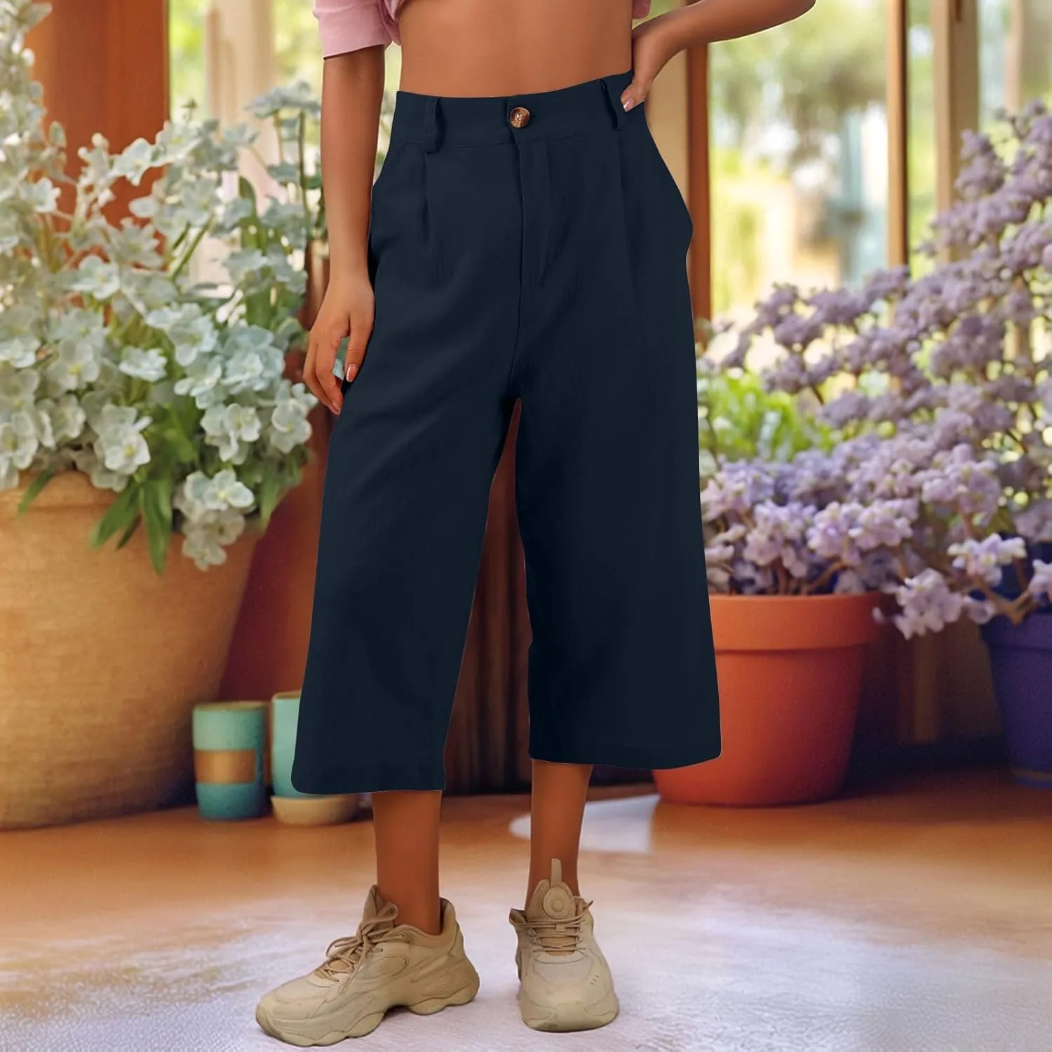 Womens Capri Pants Casual Summer Loose Fit Wide Leg Linen Pants Trendy Button Down Waist Cropped Trouser with Pockets
