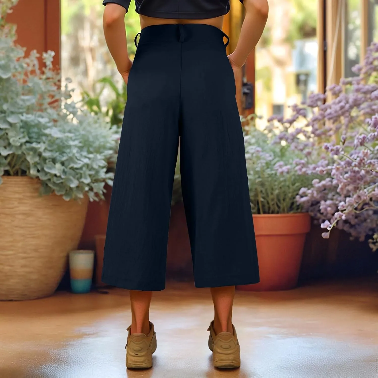 Womens Capri Pants Casual Summer Loose Fit Wide Leg Linen Pants Trendy Button Down Waist Cropped Trouser with Pockets