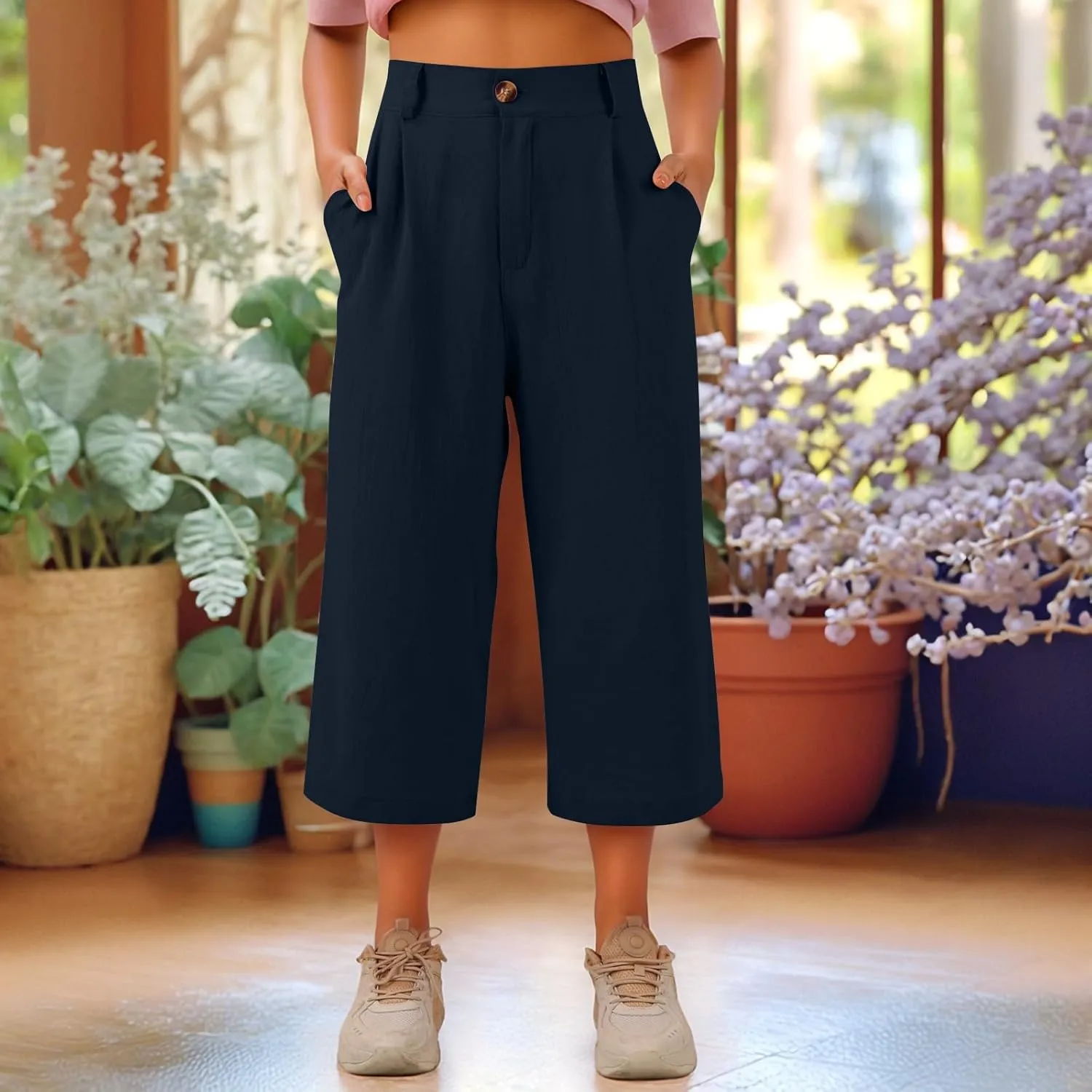 Womens Capri Pants Casual Summer Loose Fit Wide Leg Linen Pants Trendy Button Down Waist Cropped Trouser with Pockets