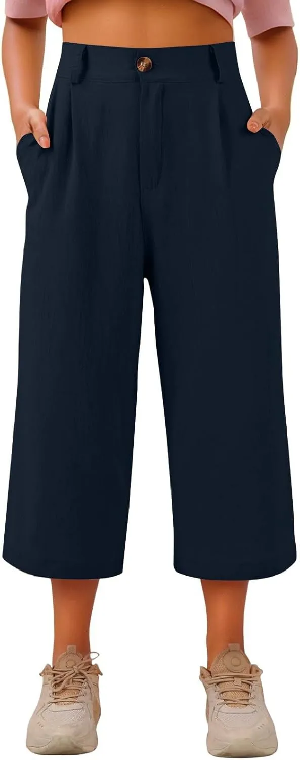 Womens Capri Pants Casual Summer Loose Fit Wide Leg Linen Pants Trendy Button Down Waist Cropped Trouser with Pockets