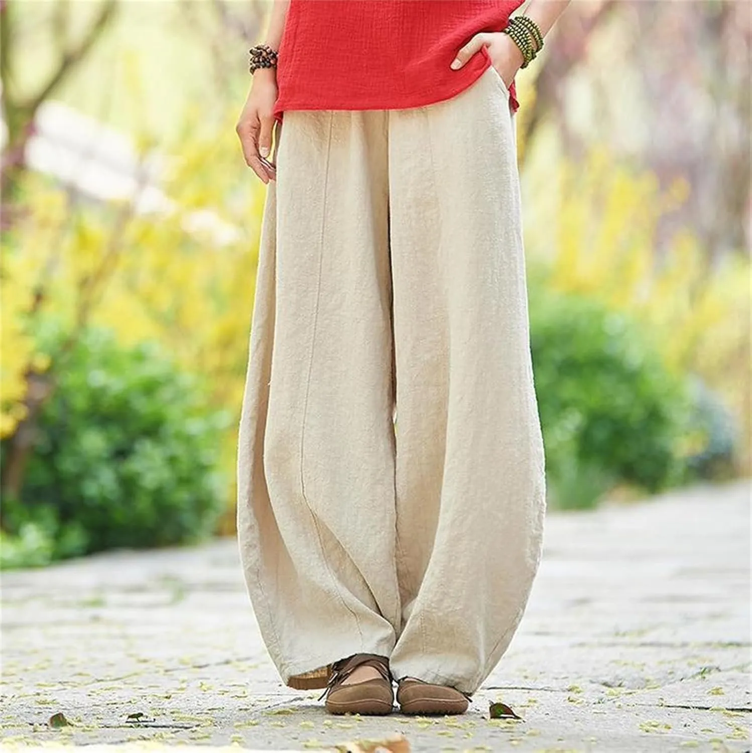 Women's Casual Cotton Linen Baggy Pants Elastic Waist Loose Fit Lantern Trouser Summer Wide Leg Casual Bloomers Pants