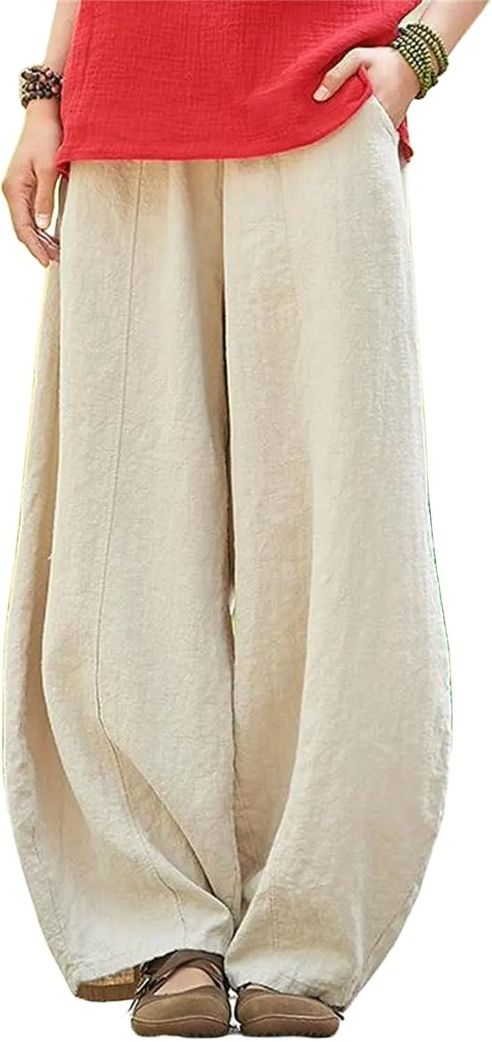 Women's Casual Cotton Linen Baggy Pants Elastic Waist Loose Fit Lantern Trouser Summer Wide Leg Casual Bloomers Pants