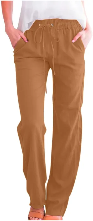 Women's Casual Cotton Linen Pants Lightweight Summer Relax Fit Elastic Waist Plus Size Solid Lounge Long Trousers
