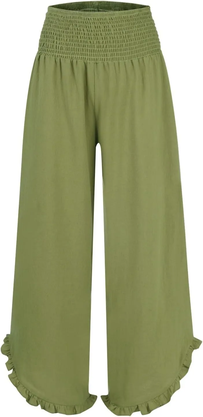 Womens Casual Linen Pants Drawstring Elastic Waist Wide Leg Loose Fit Trousers Beach Vacation Outfits