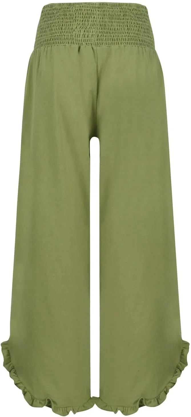 Womens Casual Linen Pants Drawstring Elastic Waist Wide Leg Loose Fit Trousers Beach Vacation Outfits