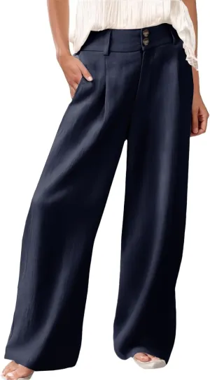 Women's Casual Pants High Waist Front Button Wide Leg Trousers Loose Fit Cool Comfy Summer Palazzo Pants with Pockets