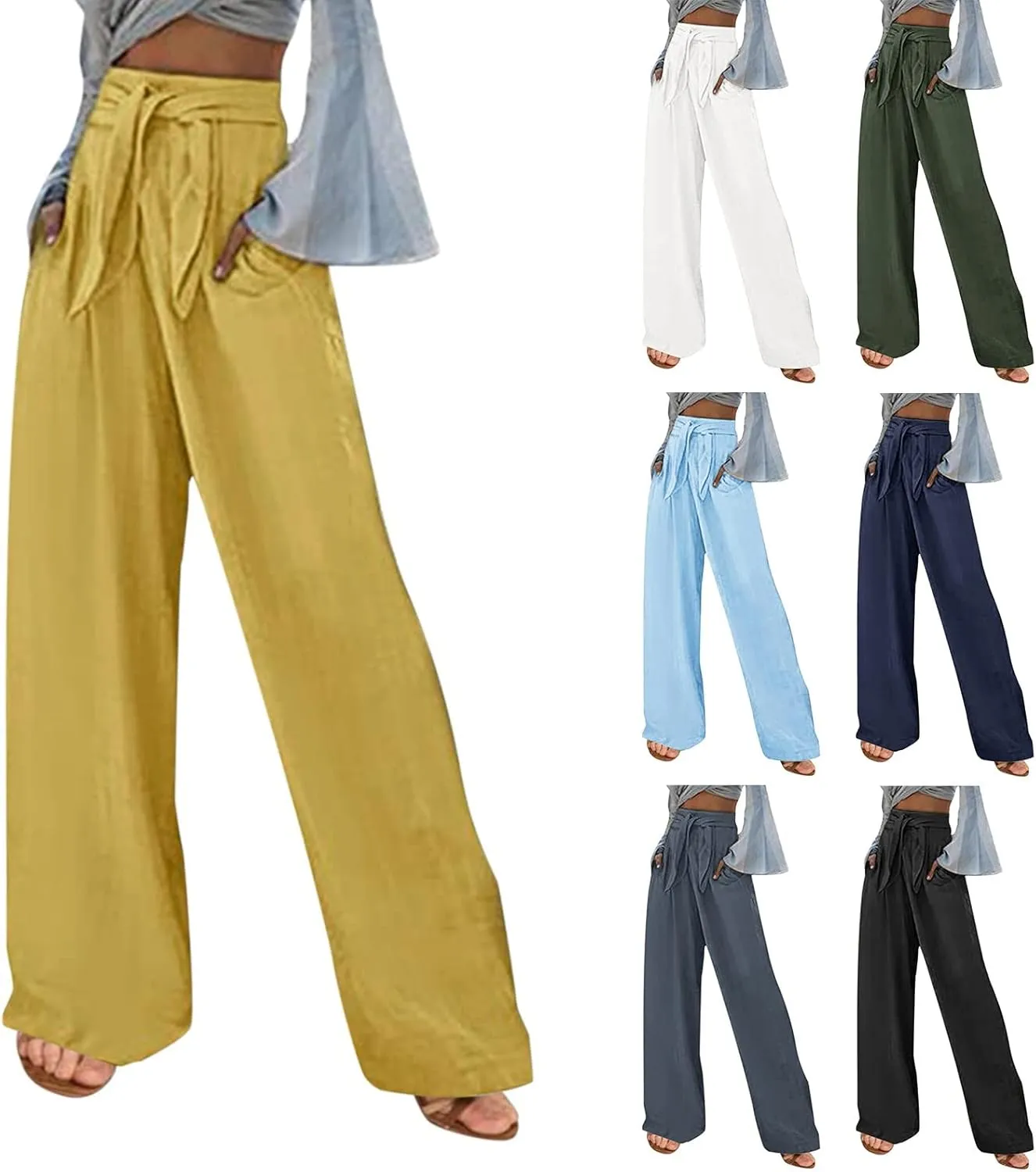 Womens Casual Solid Color Loose Pockets Elastic Belt Waist Pants Long Trousers Slim Pants for Women