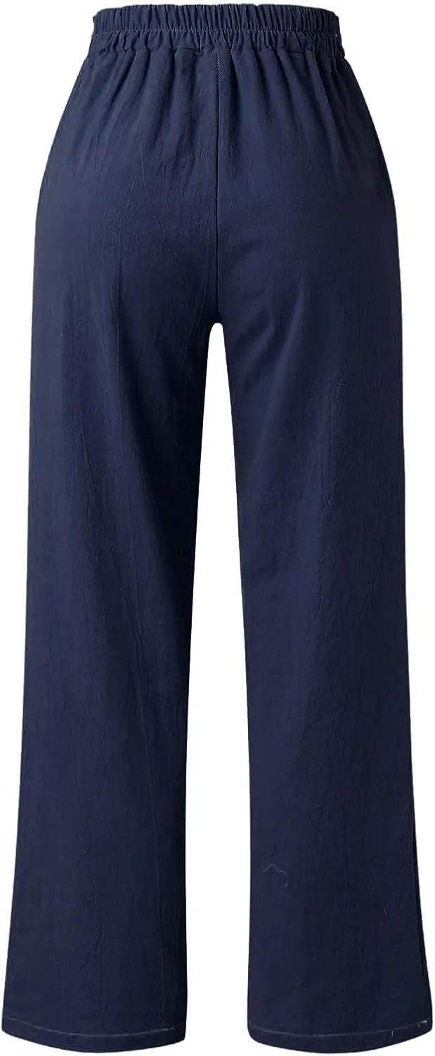 Womens Casual Solid Color Loose Pockets Elastic Belt Waist Pants Long Trousers Slim Pants for Women